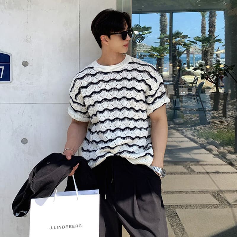 New Summer Hollow Short Sleeve Knit Top Men Wave Stripe Slim Fit Business Casual T-Shirt Wholesale Export
