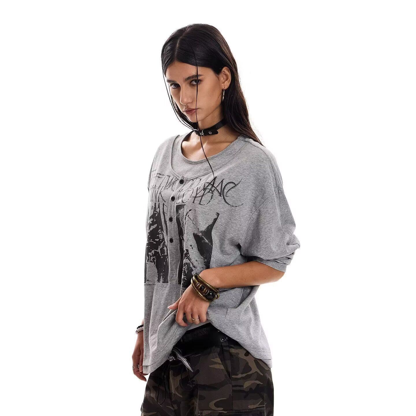 American Vintage Rock Print Henley Neck Long Sleeve T-Shirt Men Women Spring Autumn Streetwear Loose Faux Two-Piece Couple Top