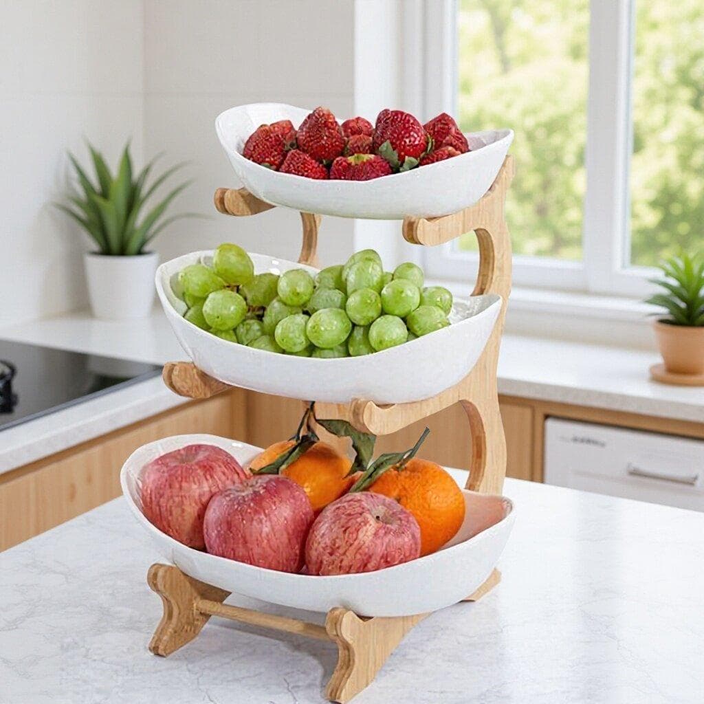 New Creative Ceramic Fruit Tray with Bamboo Wood Stand, Multi-layer Snack Plate, Minimalist Home Storage Rack for Snacks and Desserts