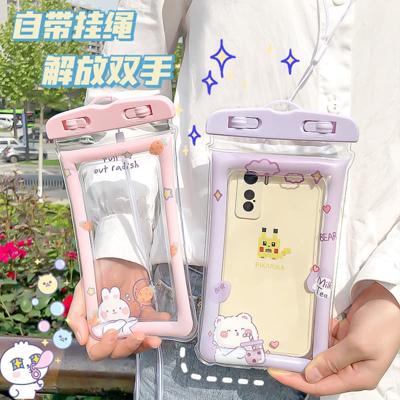 Cute cartoon waterproof phone bag for swimming and rafting, with airbags and touchscreen protection, wholesale.