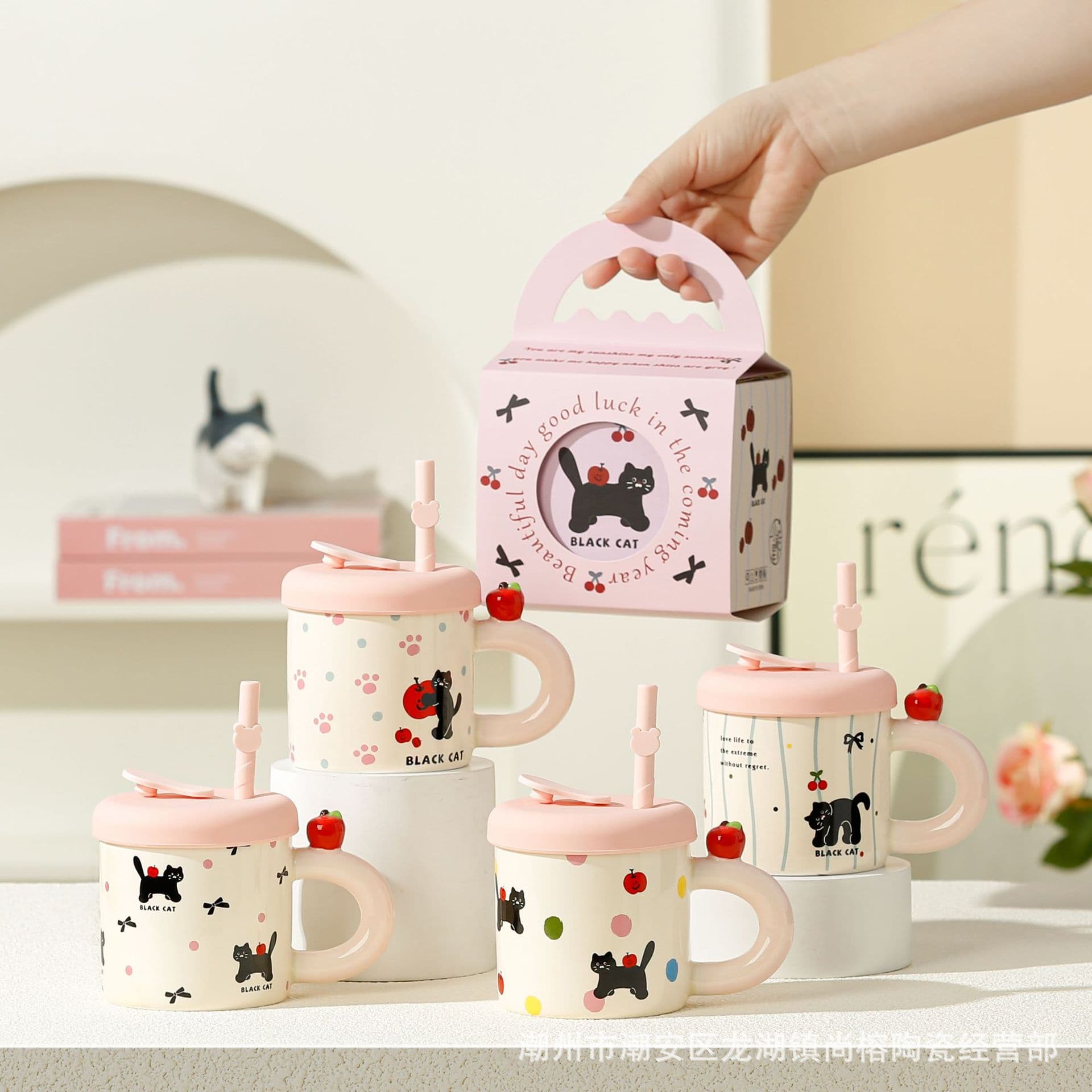 Creative Black Cat Mug Cute Cat Ceramic Straw Cup Couple Mug Office Coffee Cup Souvenir Gift