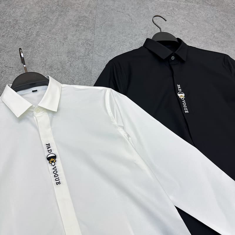 Men's European Fit Long Sleeve Business Slim Fit Solid Color Letter Embroidery Shirt Casual Shirt B1CAE3X94