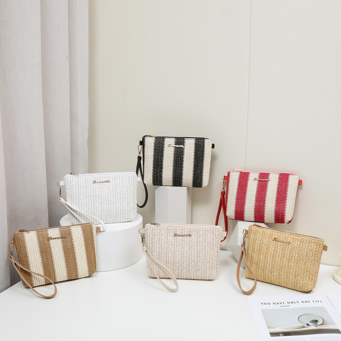 Cross-Border Trend Woven Small Square Bag 2025 New Rainbow Straw Clutch Bag Coin Purse Fashionable Women's Crossbody Bag