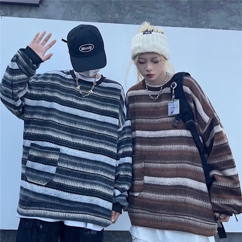 Spring/Autumn Striped Knit Sweater for Men, Round Neck, Pullover, Japanese Retro Vintage Style, Ins High Street, American Youth, No Hood