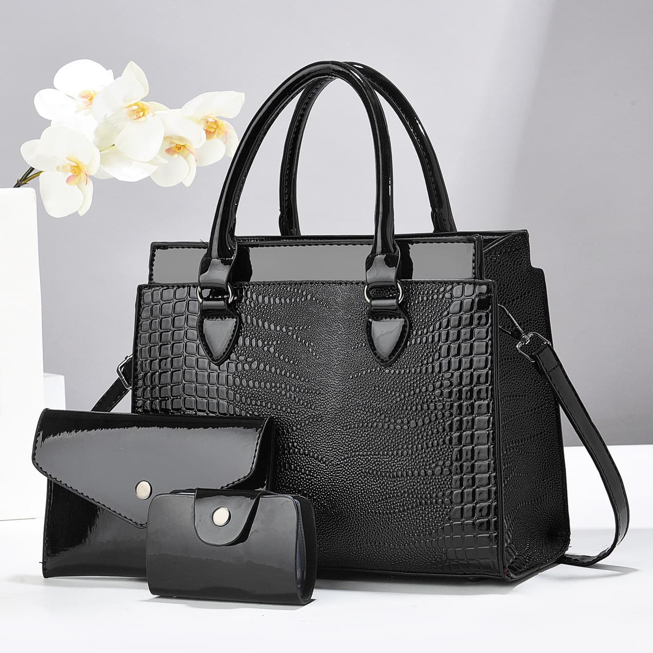 Urban Crocodile Pattern Handbag Set for Women - 3-Piece Tote, Shoulder, and Crossbody Bags - Export Quality Bags