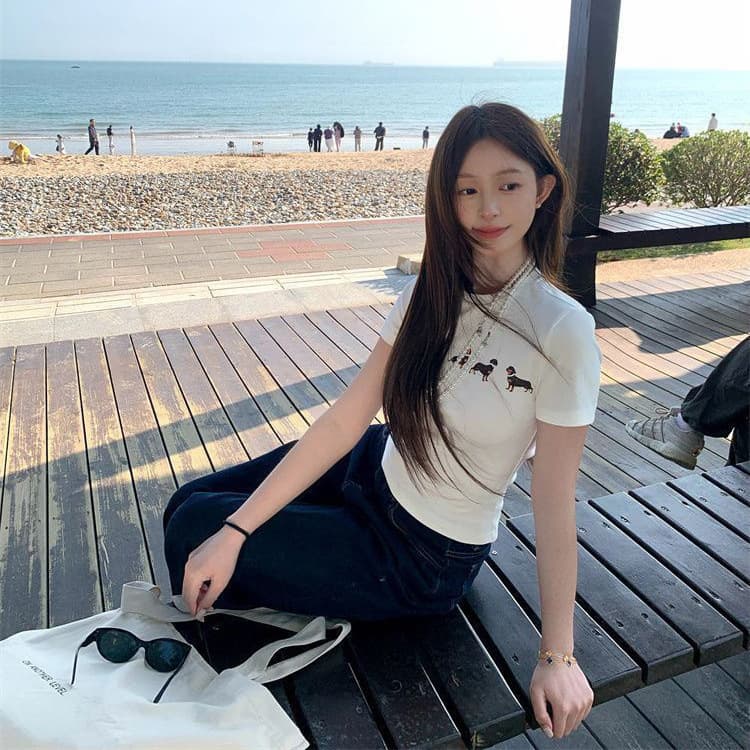 Necklace Dog Print Slim Fit Short Sleeve 2026 Spring/Summer Southeast Asia New Nanyou Fashion Slimming Top