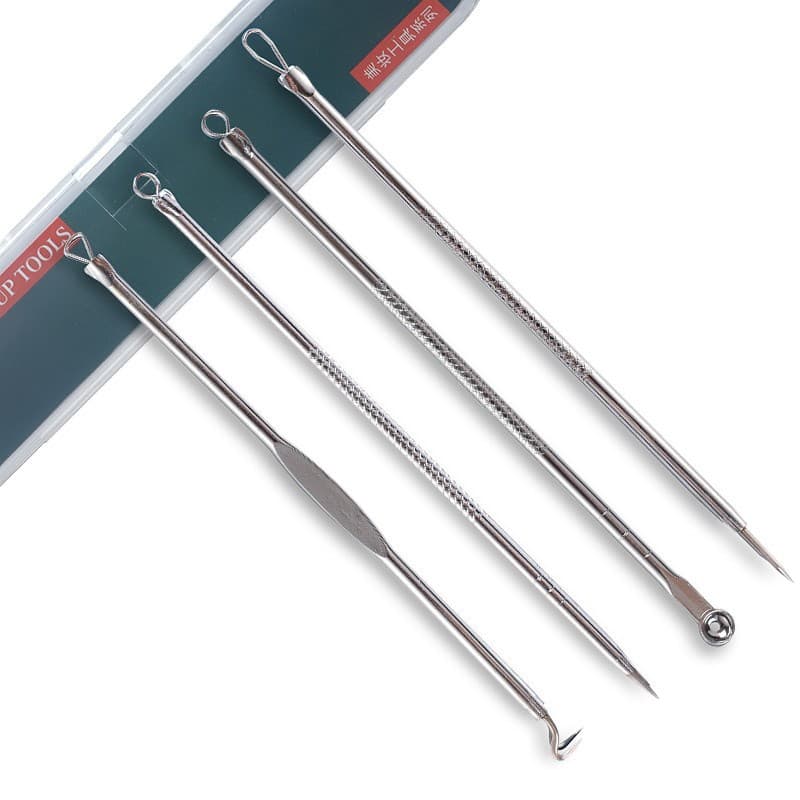 Acne Needle and Eyebrow Tweezers Set, Pimple Extractor Tool Kit for Blackhead Removal, 4-Piece Beauty Cleaning Tool
