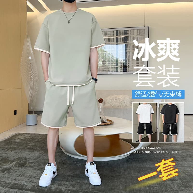 Summer New Round Neck Casual Sport Set Men Trendy Faux Layered Loose Plus Size Short Sleeve 5-Inch Shorts
