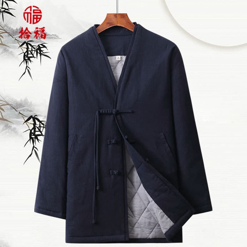 Men's Tang-style winter thick coat, Chinese style long-sleeved stand-up collar cotton-padded jacket, Chinese retro cotton and linen mid-length cotton coat