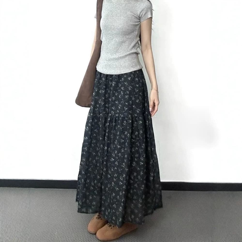 Floral Print Skirt for Women 2026 New Pear Shape Body Hip Covering Slimming High Waist Long Skirt with Draping A-Line Midi Skirt