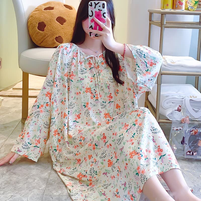 Women's Summer Cotton Long-Sleeve Thin Nightgown, Soft and Breathable, Plus Size Korean Style Maternity Homewear