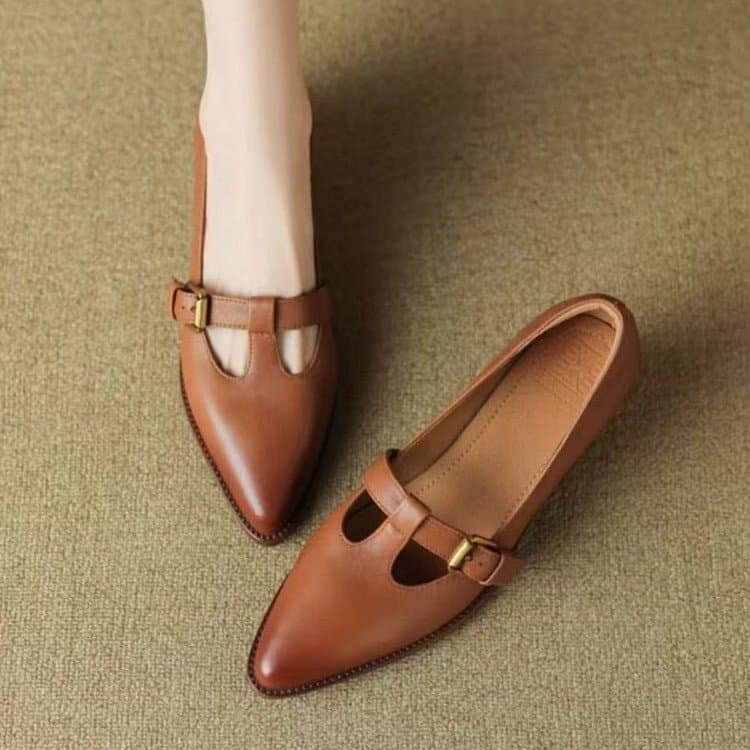 T-strap Shoes 2026 Spring Women's Retro Low-top Shoes Pointed Toe Chunky Heel Mid Heel Export Large Size Shallow Mouth Flats