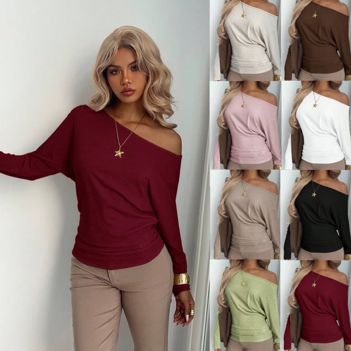 SHEIN Cross-border Europe and America Off-Shoulder Batwing Long-Sleeve T-Shirt, Waist-Tightening Slimming Elegant Casual Women's Clothing