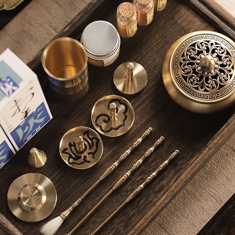 Incense Ceremony Set with Ash Press, Brass Incense Burner for Home Use, Pure Powder Seal Mold Making Tool, Beginner Kit