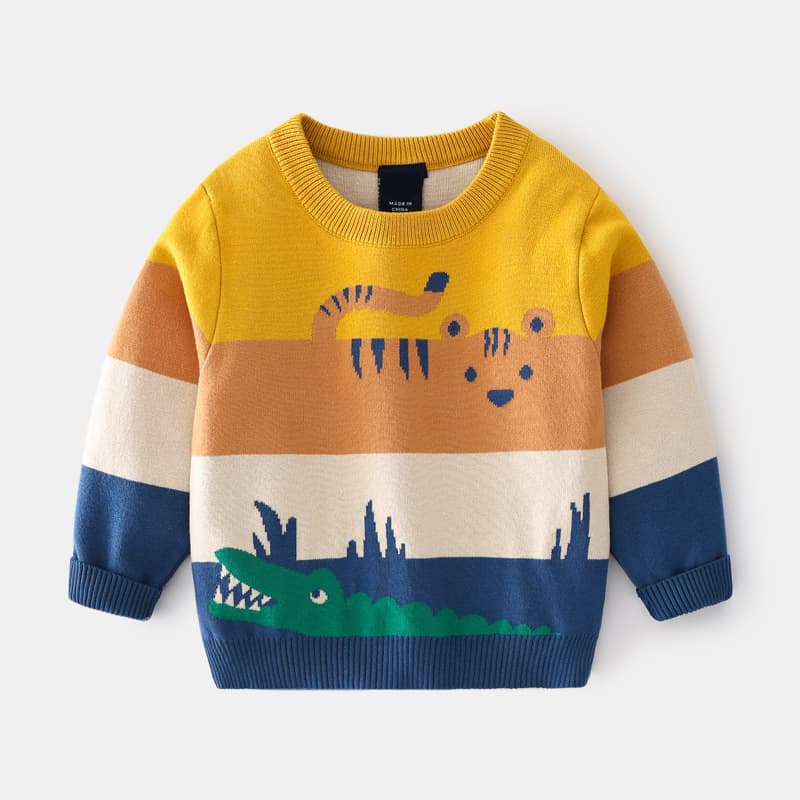 Tengyun Dove Children's Wear European-American Style Boys' Double-Layer Sweater 2025 Autumn New Abstract Cartoon Jacquard Knitwear