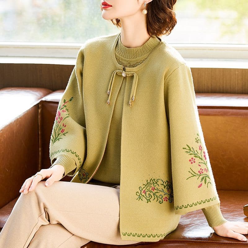 Middle-aged Mother Autumn Two-Piece Set Fashionable New Style Middle-aged and Elderly Women's Knit Cardigan Jacket Set Stylish