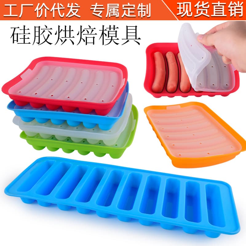 Factory 6-Cavity or 10-Cavity Silicone Sausage Shaped Ham Mold with Lid, Hot Dog Baking Sausage Box Mold for DIY
