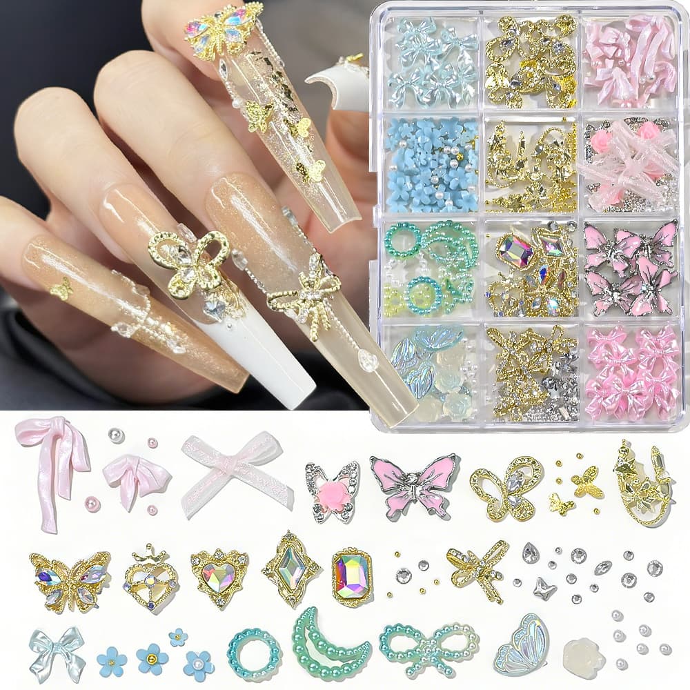 12-Grid Cute Resin KT Cat Nail Art Charms Cartoon Cat Head Pearl Bow Strawberry Alloy Hair Clip Decoration