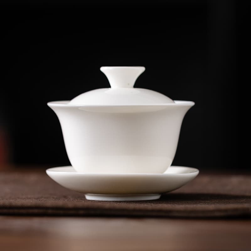 Sancai Gaiwan Dehua White Porcelain Tea Set, Kung Fu Ceramic Teapot and Cups, Simple Design, Cream Jade, for Home Use