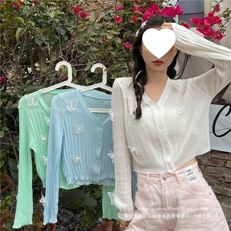 Soft Style Butterfly Bell Sleeve 3D Ice Silk Knit Thin Long-Sleeve Sun Protection Cardigan for Women, Short Length Air Conditioning Cover-Up