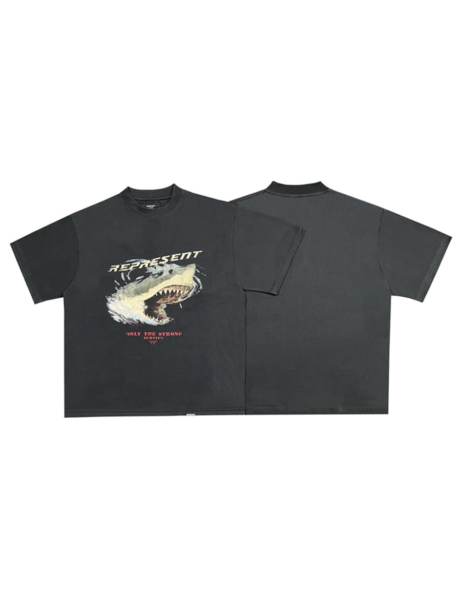 REPRESENT TRACK Shark Print Washed Short Sleeve Vintage High Street Distressed Pure Cotton T-Shirt