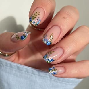 Fresh Summer False Nails Light Blue Rose Handmade Nail Tips Green Leaf Powder Transparent Wearable Medium Long European American Nail Tips