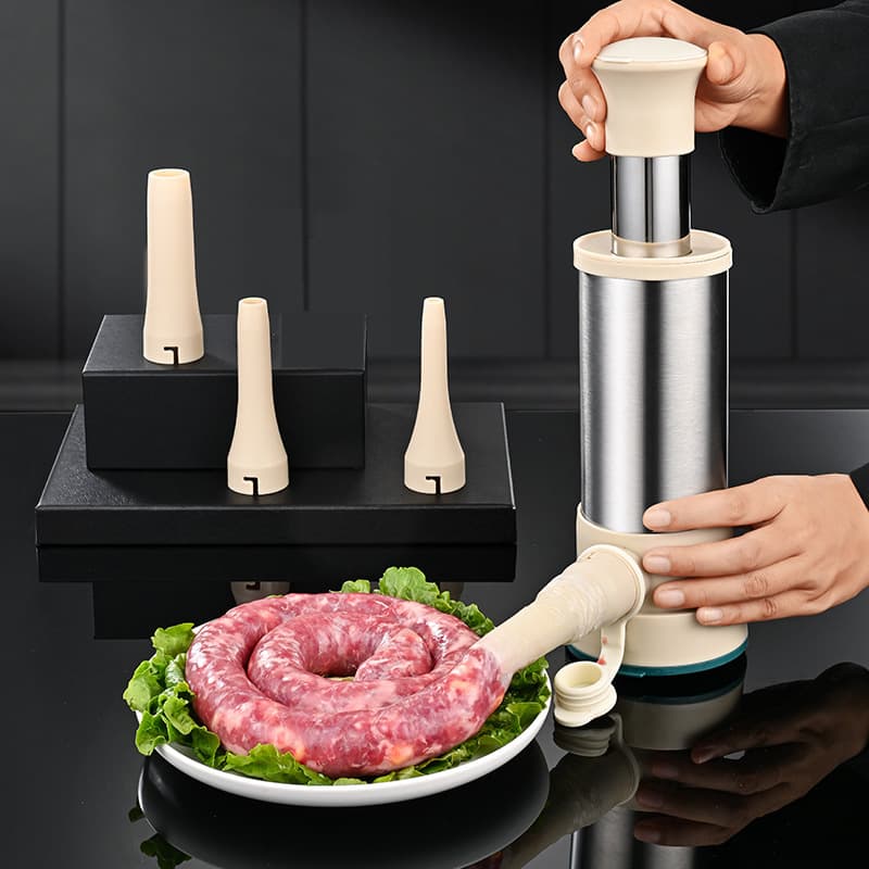 Stainless steel push-type sausage filler for home use, manual press-style meat stuffing tool