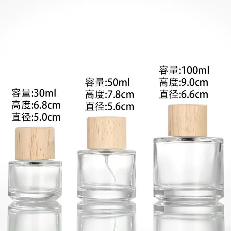 30ml portable perfume bottle with snap-on cap, empty perfume spray bottle, wood grain cap, sample bottle.
