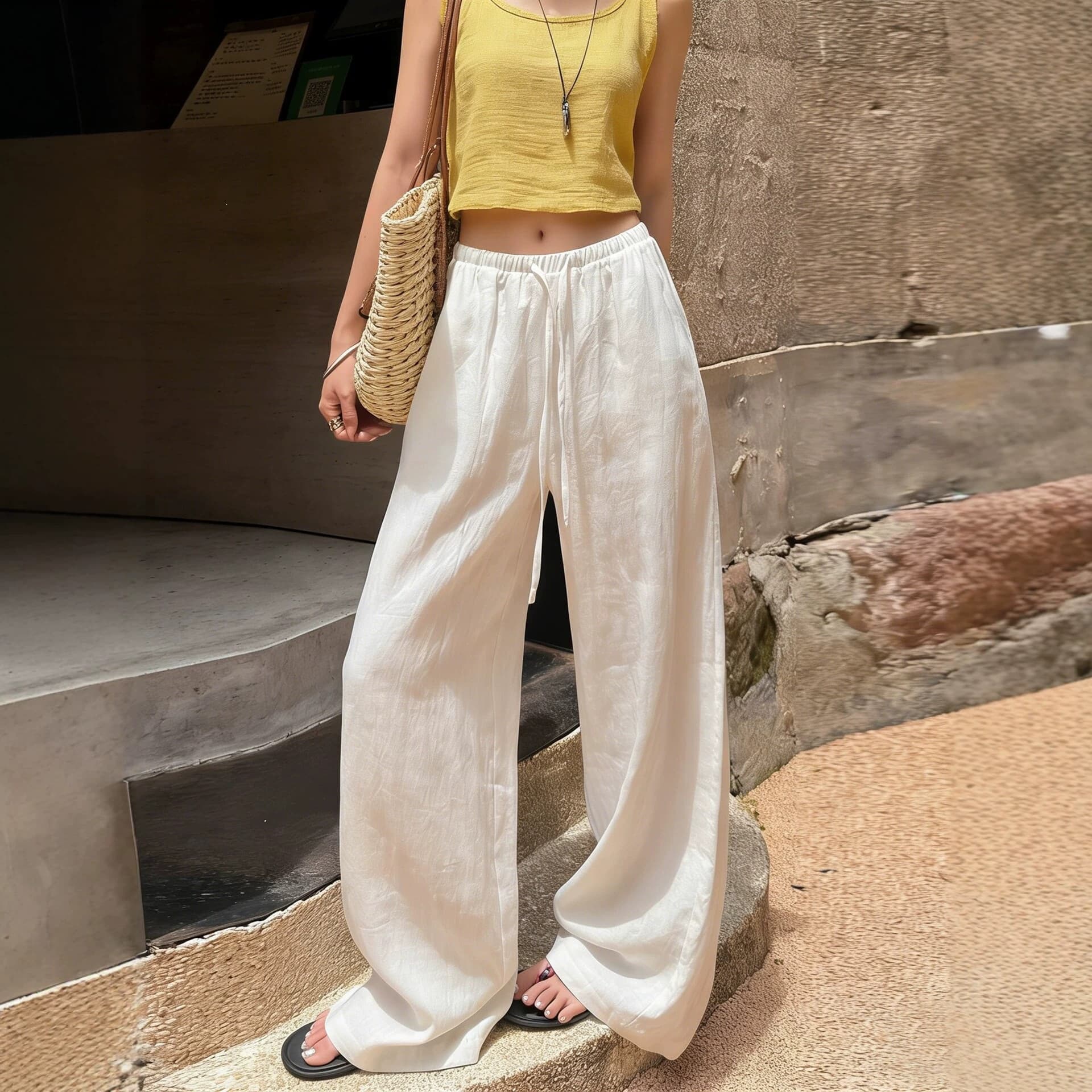Lazy Style White Linen Pants for Women, Summer Thin Loose Casual Cotton-Linen Ice Silk Wide-Leg Pants
