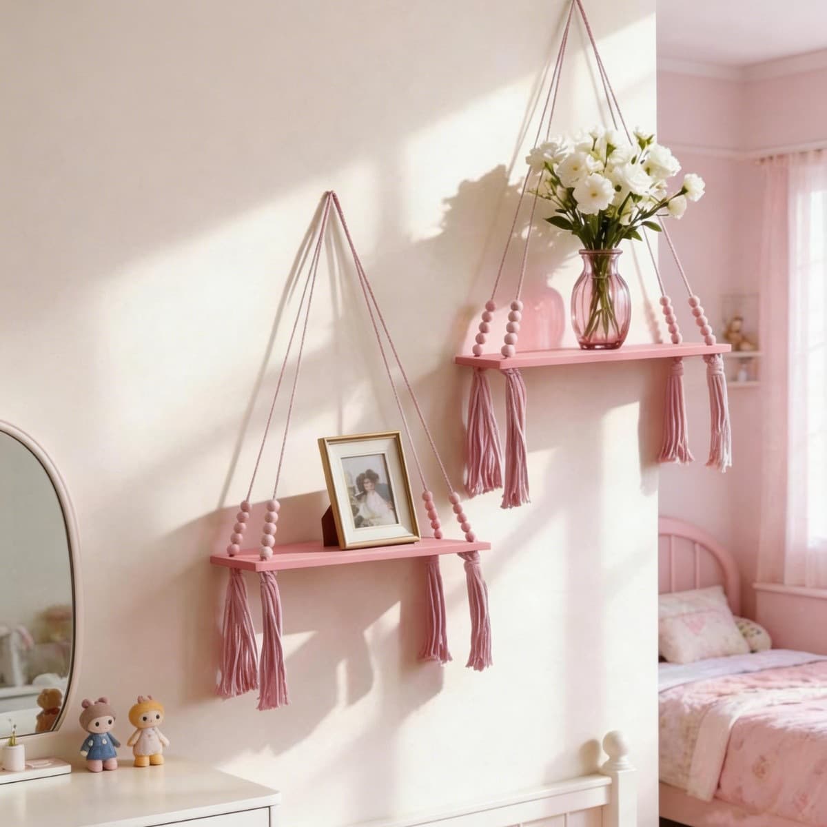 ins macaron wood beads tassel storage rack children's room decoration storage wall rack bohemian style plant wall rack