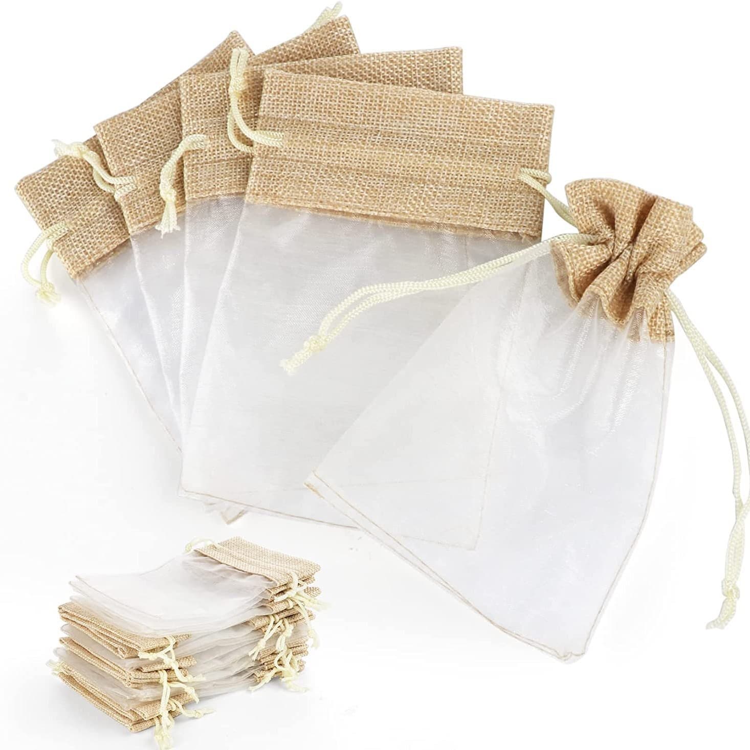 Patchwork organza and linen small gift, candy, toy storage packaging, and festive party decoration drawstring pouches.