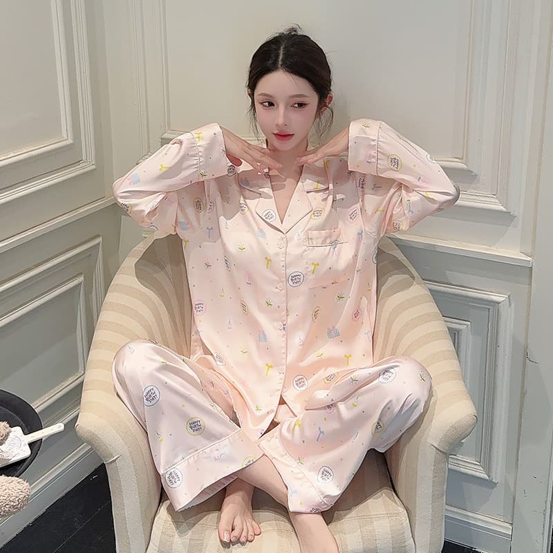 2025 New Spring/Autumn Ice Silk Pajamas for Women with Rhinestone Cute Thin Style Wearable Out Homewear Set