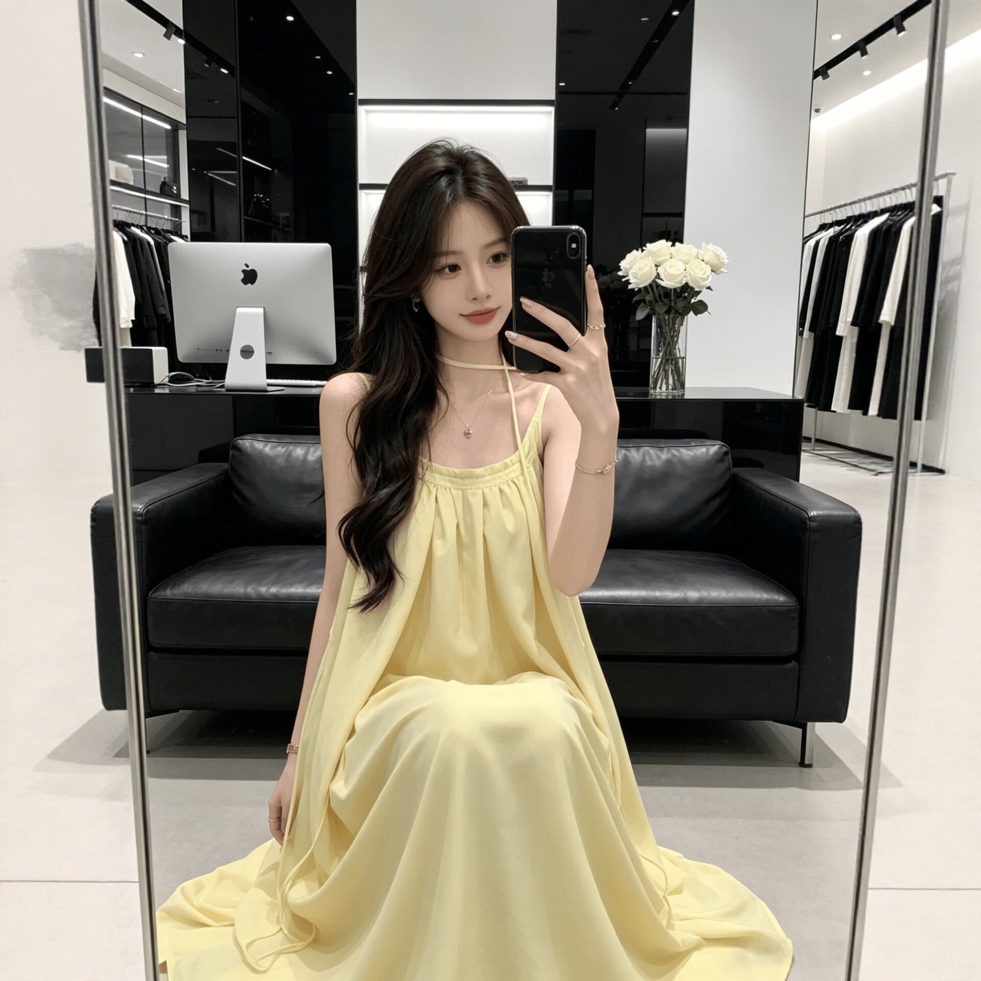 New yellow suspender dress for women, summer temperament, loose slimming long skirt, French resort style solid color beach skirt