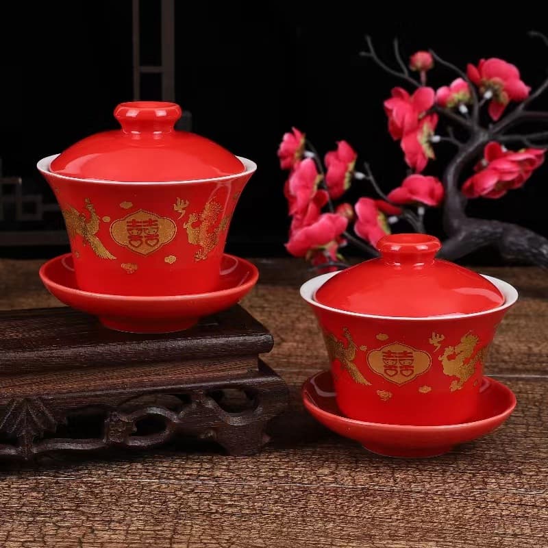 Wedding Supplies Happy Tea Cup Matching Cup Large Teapot Wedding Bowls Chopsticks Spoon Dowry Tea Set Wedding Gift Box Wedding Celebration Set