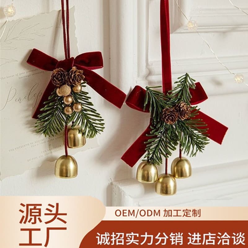Christmas bell pendant red velvet bow Christmas tree pine cone scene layout supplies car hanging door decoration