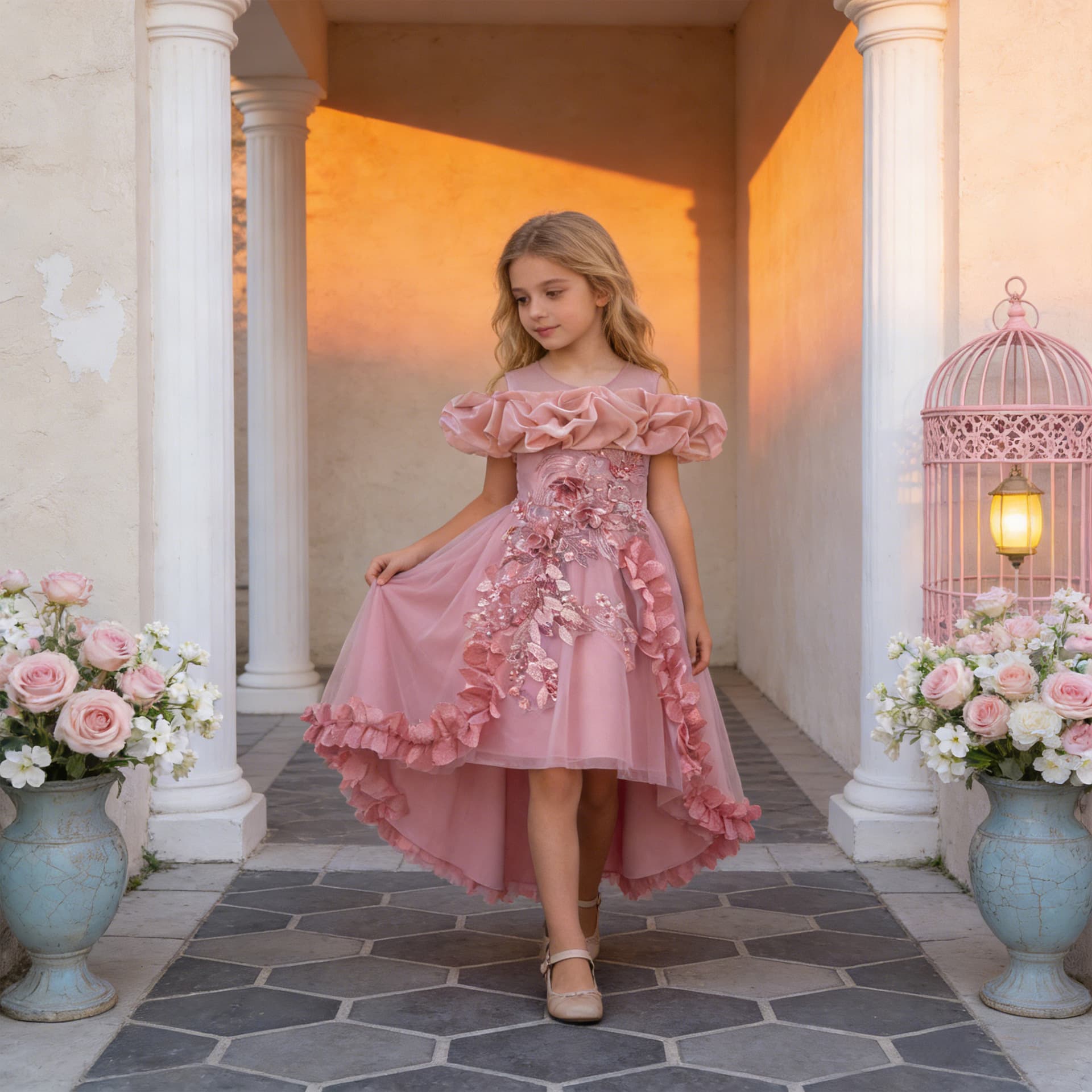 Children's Princess Dress with Tulle Skirt, Off-Shoulder Train Party Piano Performance Gown