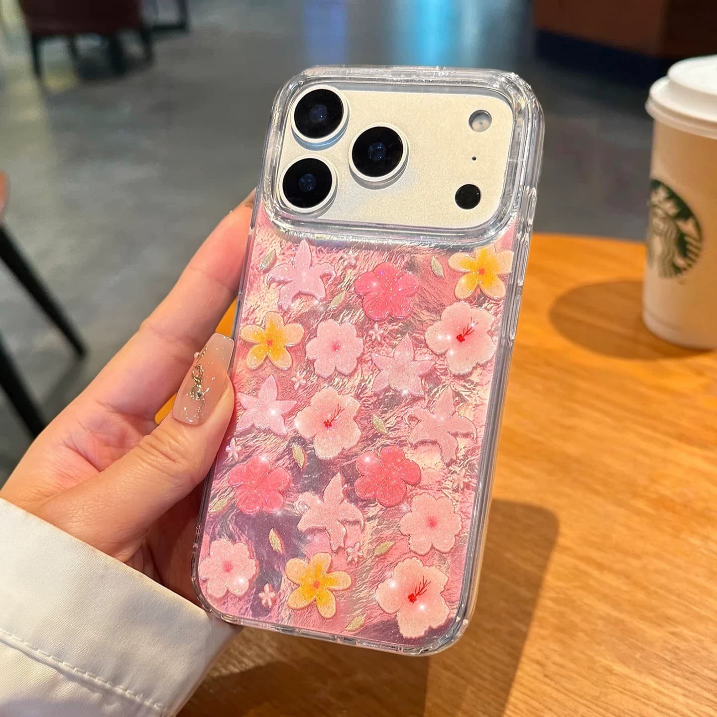 Three-dimensional flower mobile phone case suitable for iPhone17max pink Apple 16pro embossed glitter transparent cover large hole