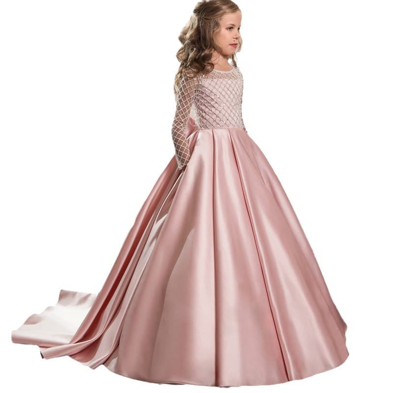 Children's Wedding Piano Performance Dress, Girls Lace Satin Bow Small Train Flower Girl Princess Dress Trendy Style