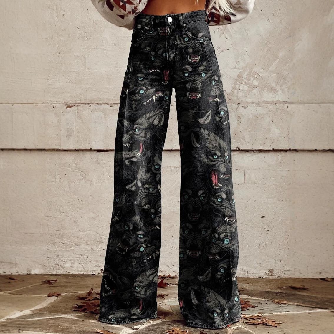 Cross-border new 3D digital printing European and American foreign trade women's casual pants printed imitation jeans wide leg 3D trendy women's pants
