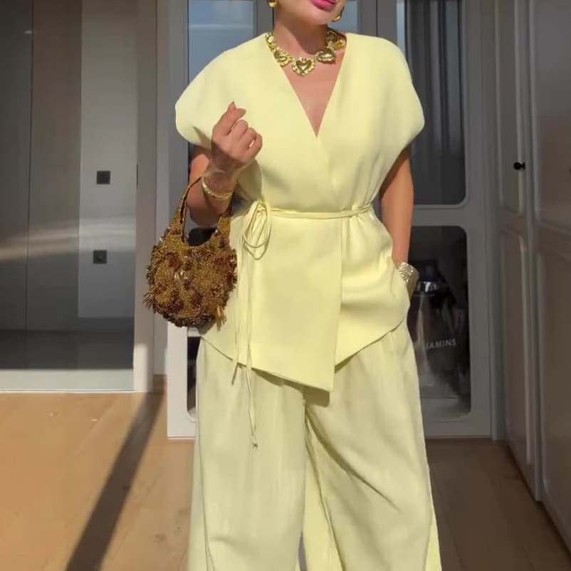 2025 Summer Cross-Border Hot Selling Design Sense Business Casual Loose Solid Color Elegant Wide-Leg Pants Two-Piece Set for Women