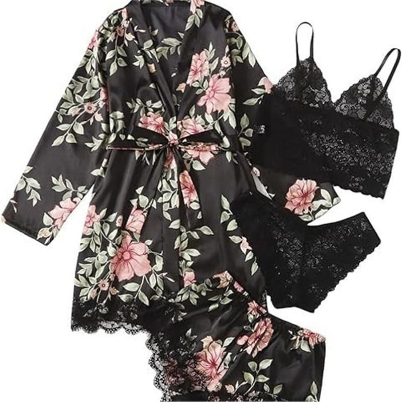 Cross-border Supply Europe and America Ice Silk Floral Pajama Four-Piece Set Plus Size Lace Trim Loungewear Set 48-Hour Shipping