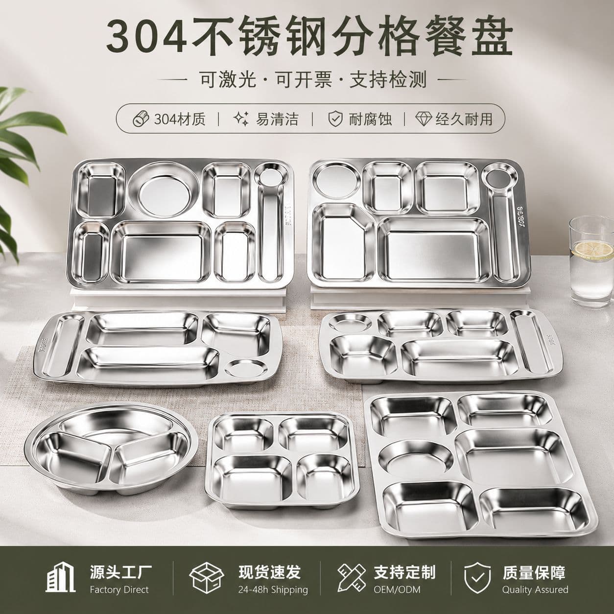 Wholesale 304 Stainless Steel Divided Dinner Plate Fast Food Tray School Adult Cafeteria Plate Tableware Kindergarten Tray