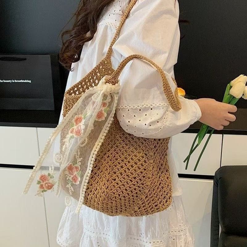 Hollow Handwoven Bag for Women Summer Casual Lazy Style Large Capacity Straw Bag Beach Vacation Shoulder Bag