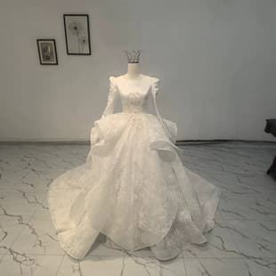 Court Style Wedding Dress Satin Round Neck Hand-Sequined Layered Ruffled Lace Train Bridal Gown Export Wedding Dress Factory