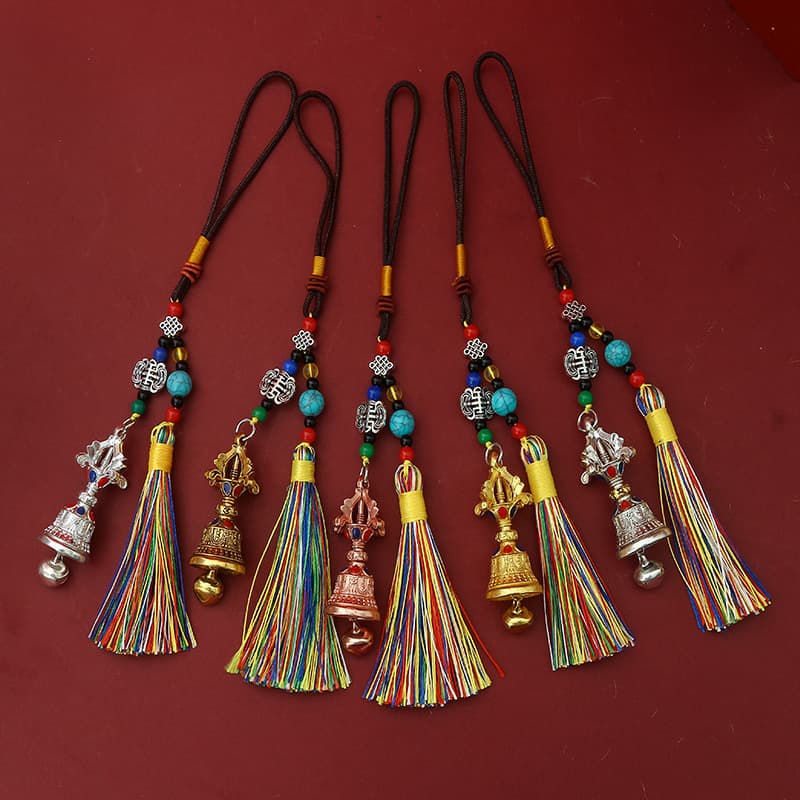 Tibetan Style Alloy Two-Tone Vajra Bell Tassel Pendant Car/Bag Dual-Use Six-Syllable Mantra Creative Collectible Hanging Ornament