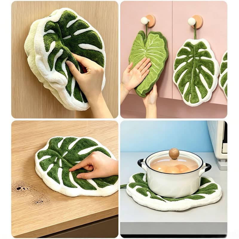 Hanging Leaf-Shaped Hand Towel, Absorbent and Thickened, for Home Kitchen Use, Creative and Cute Leaf Design