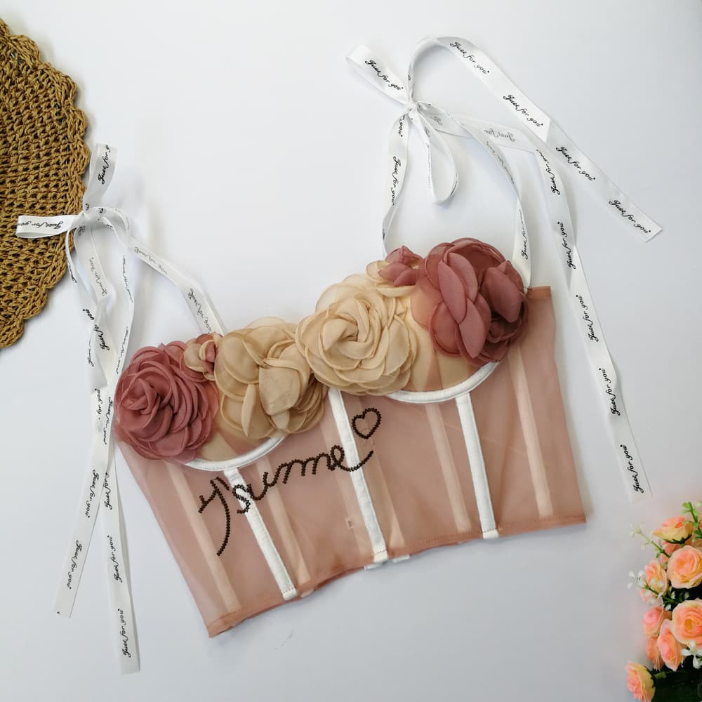 Sexy Cropped Bralette Women's Underwear Chest Pad Transparent Straps Navel Exposure Cute Flower Design Bandage Chest Wrap