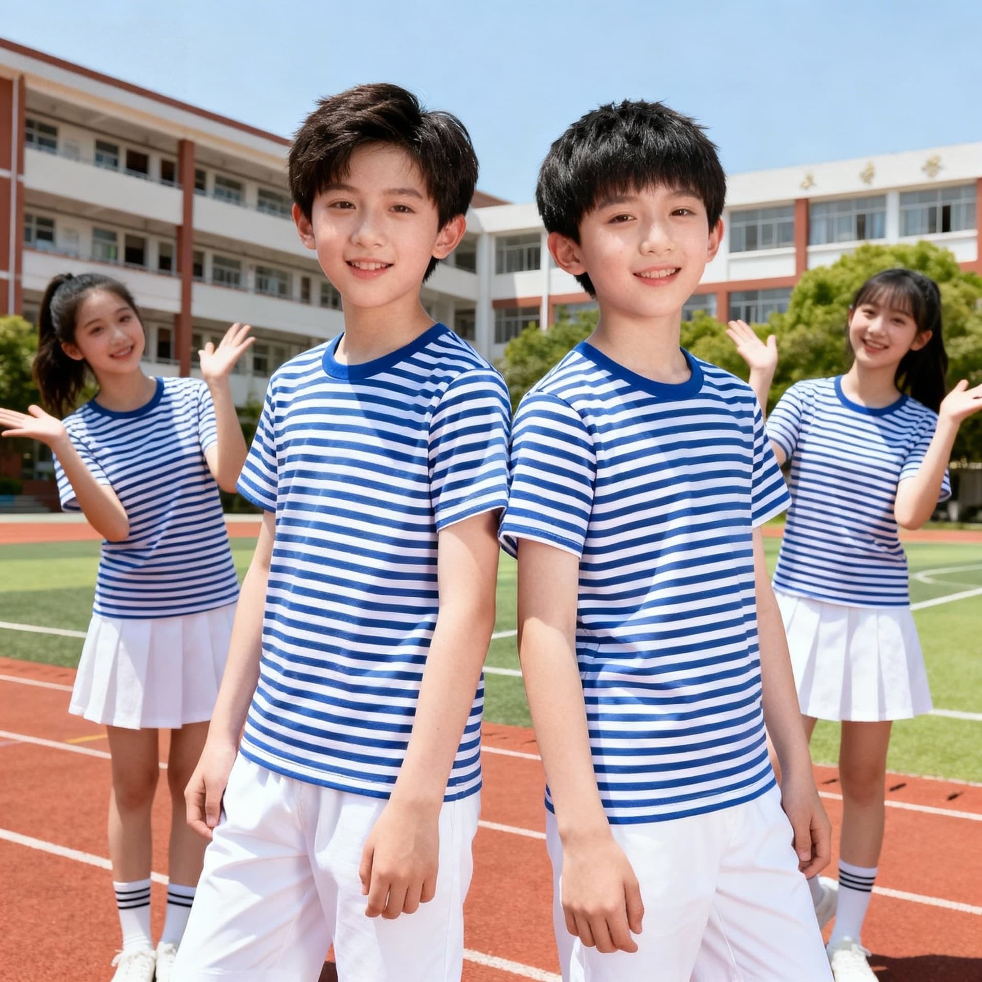 Chinese Style Parent-Child Striped Short-Sleeve T-Shirt, Pure Cotton Navy Design, National Trend Red Scarf, Elementary School Class Uniform