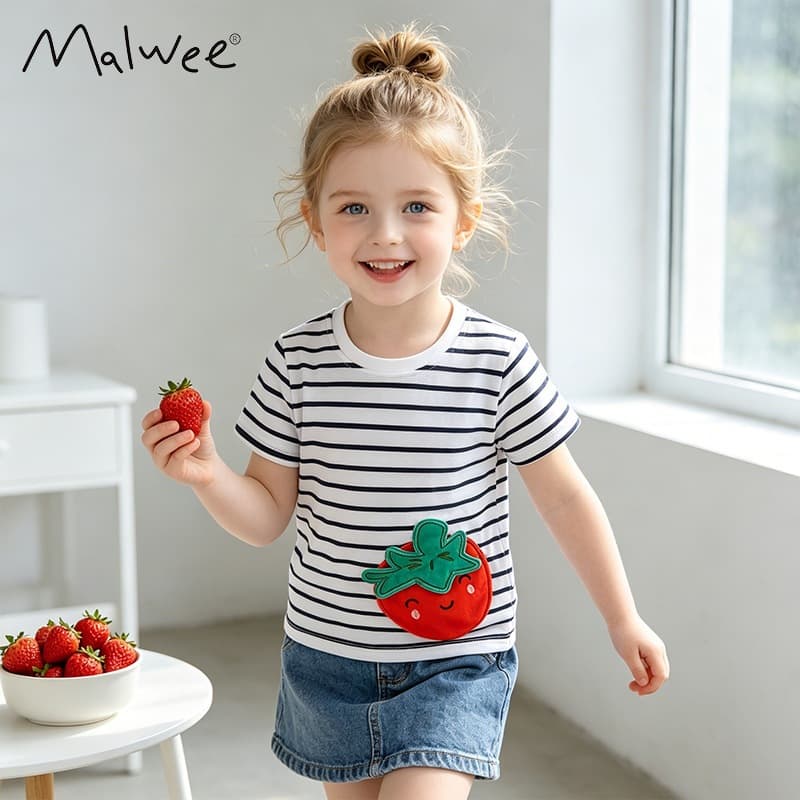 Cross-border Malwee New Children's T-Shirt Summer European and American Striped Stylish Round Neck Short Sleeve for Kids Ages 3-8