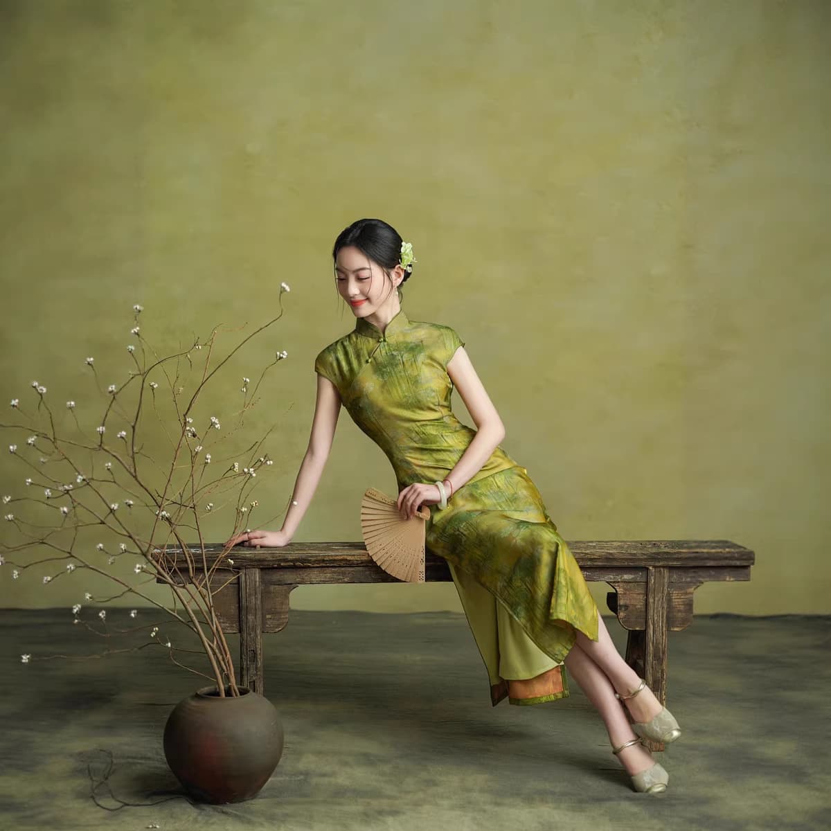 2026 Spring/Summer New Cheongsam Long Dress Green Elegant Long New Chinese Style Green Exam Blessing Dress Daily Women